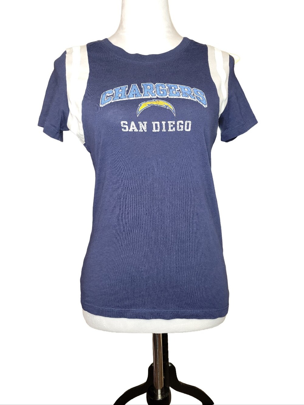 NFL Team Apparel San Diego Chargers Retro Graphic Tee Striped Shoulder Womens Lg
